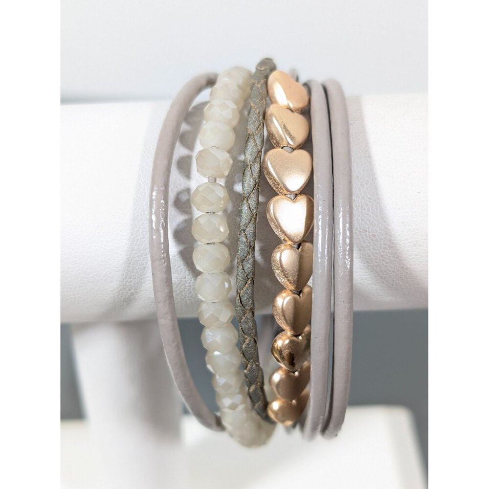 SAACHI Gold Tone Beige Gray‎ Leather Glass Multi Cord Magnetic Bracelet 7"